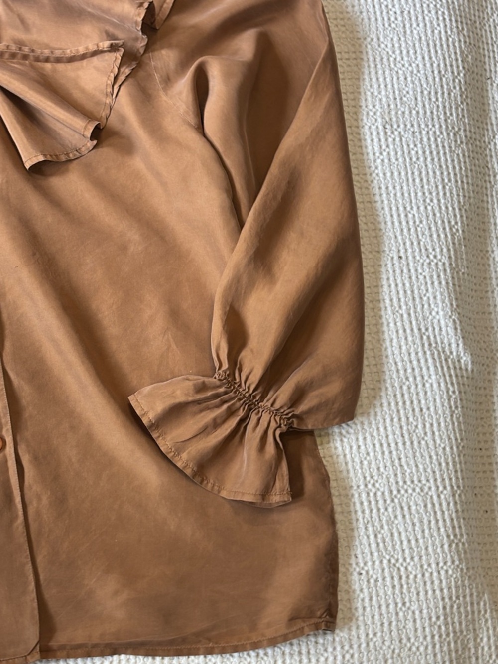 100% Silk Elegant Brown Ruffle Blouse, Best American Clothing Co., EUC, Medium - Picture 11 of 15